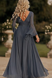 Dark Grey Wrap Long Sleeve Ruffled Chiffon Long Mother of the Bride Dress
