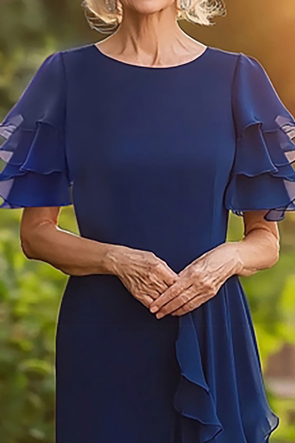 Navy Sheath Scoop Short Sleeves Chiffon Long Mother of the Bride Dress