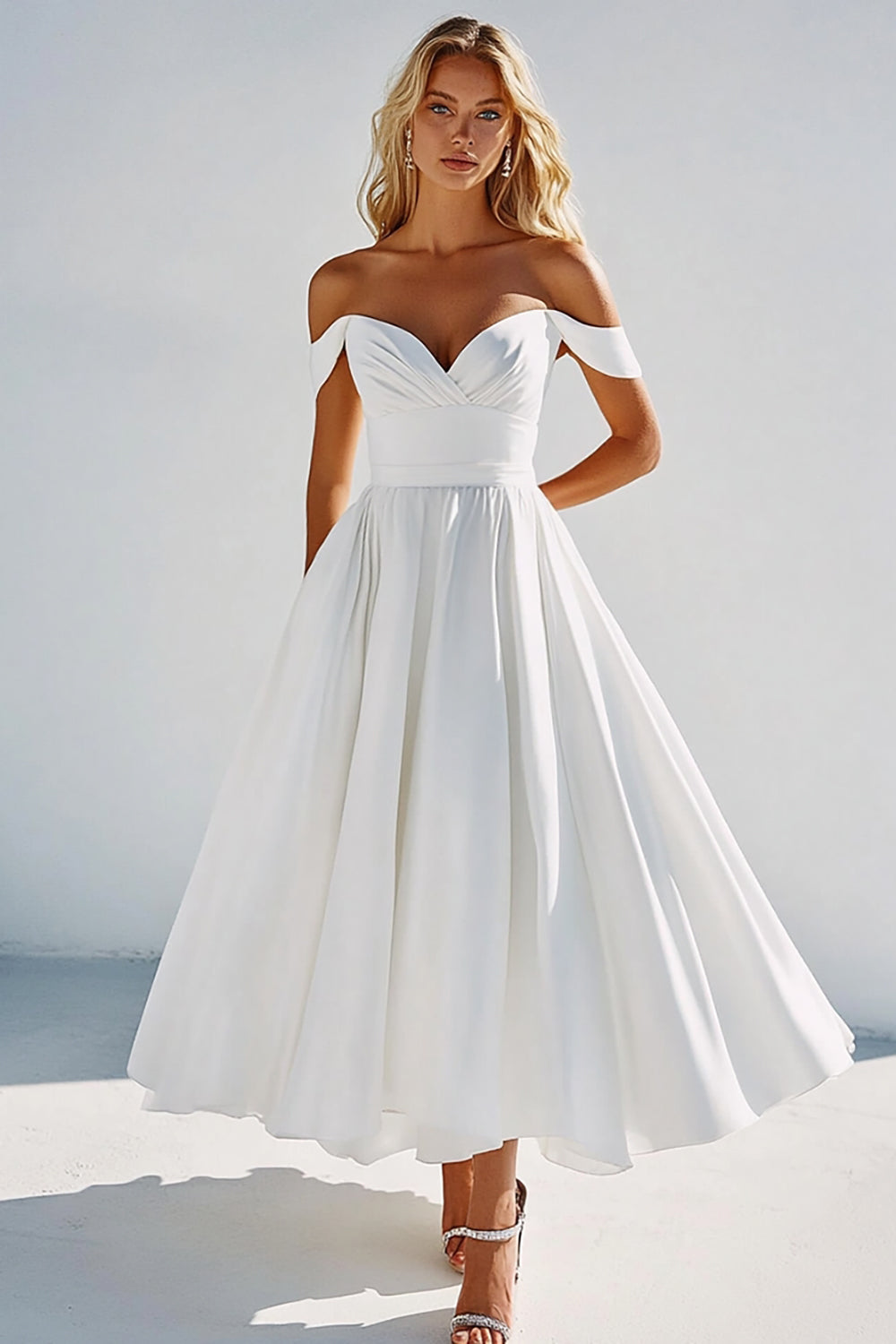 White Satin Off the Shoulder A Line Tea Length Graduation Dress