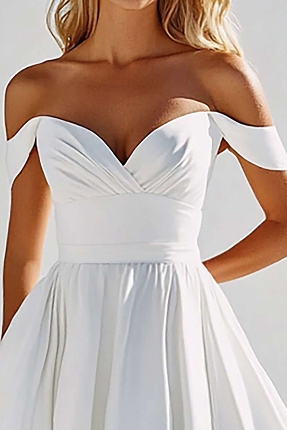 White Satin Off the Shoulder A Line Tea Length Graduation Dress
