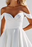 White Satin Off the Shoulder A Line Tea Length Graduation Dress