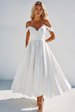 White Satin Off the Shoulder A Line Tea Length Graduation Dress