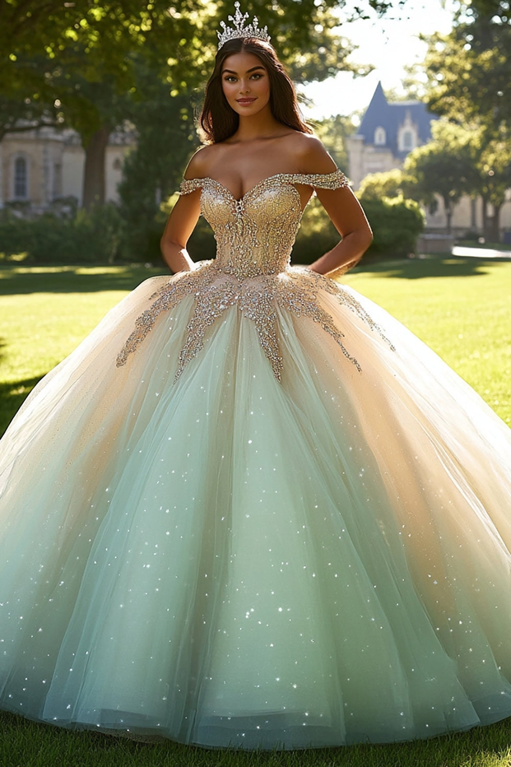 Glitter Champagne Tulle Lace Off the Shoulder Quinceanera Dress