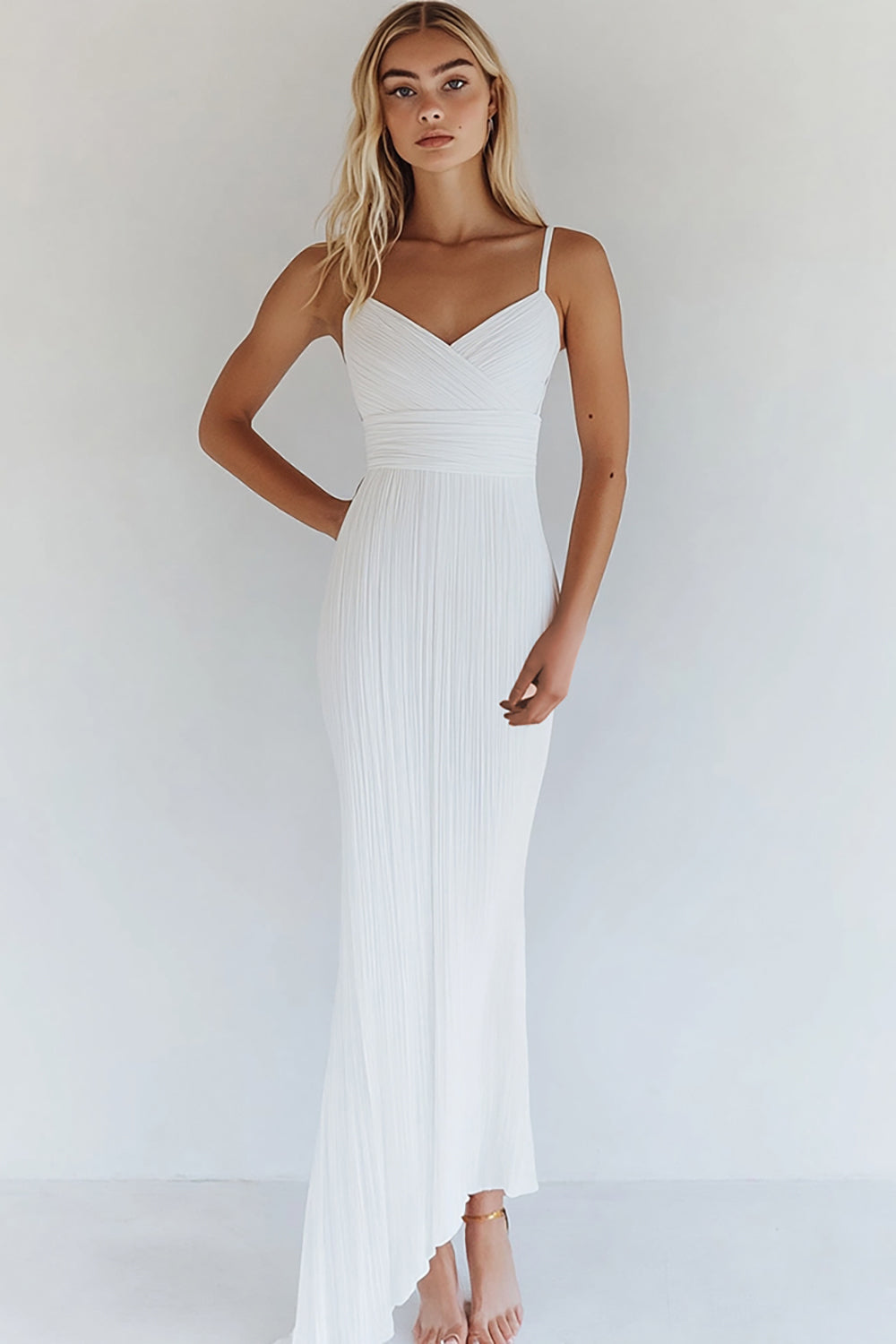 White Spaghetti Straps Pleated Sheath Engagement Dress