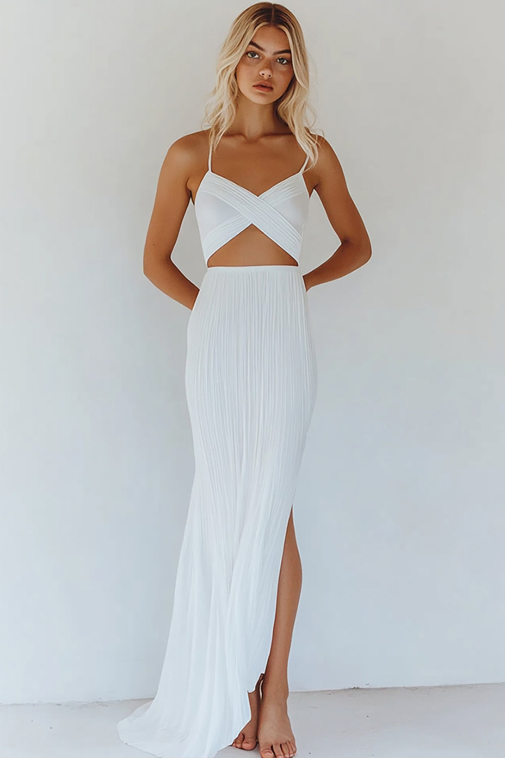 White A Line Cut Out Engagement Dress with Slit