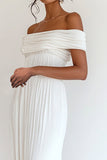 A Line Off the Shoulder White Pleated Engagement Dress