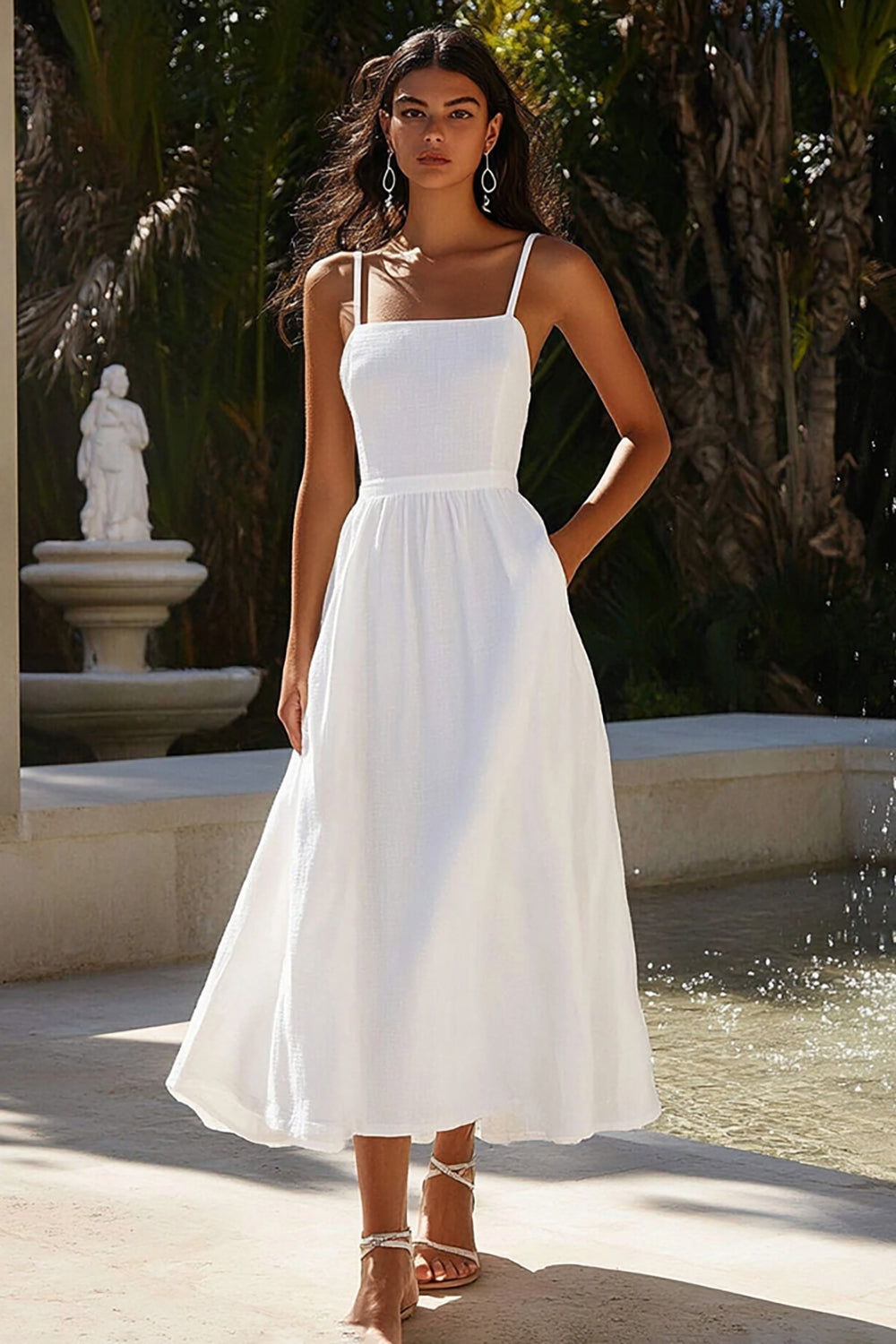 Elegant Spaghetti Straps Cotton White A Line Graduation Dress