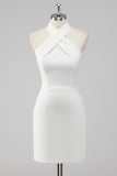 Halter Neck A-Line Satin Knee Length Little White Dress