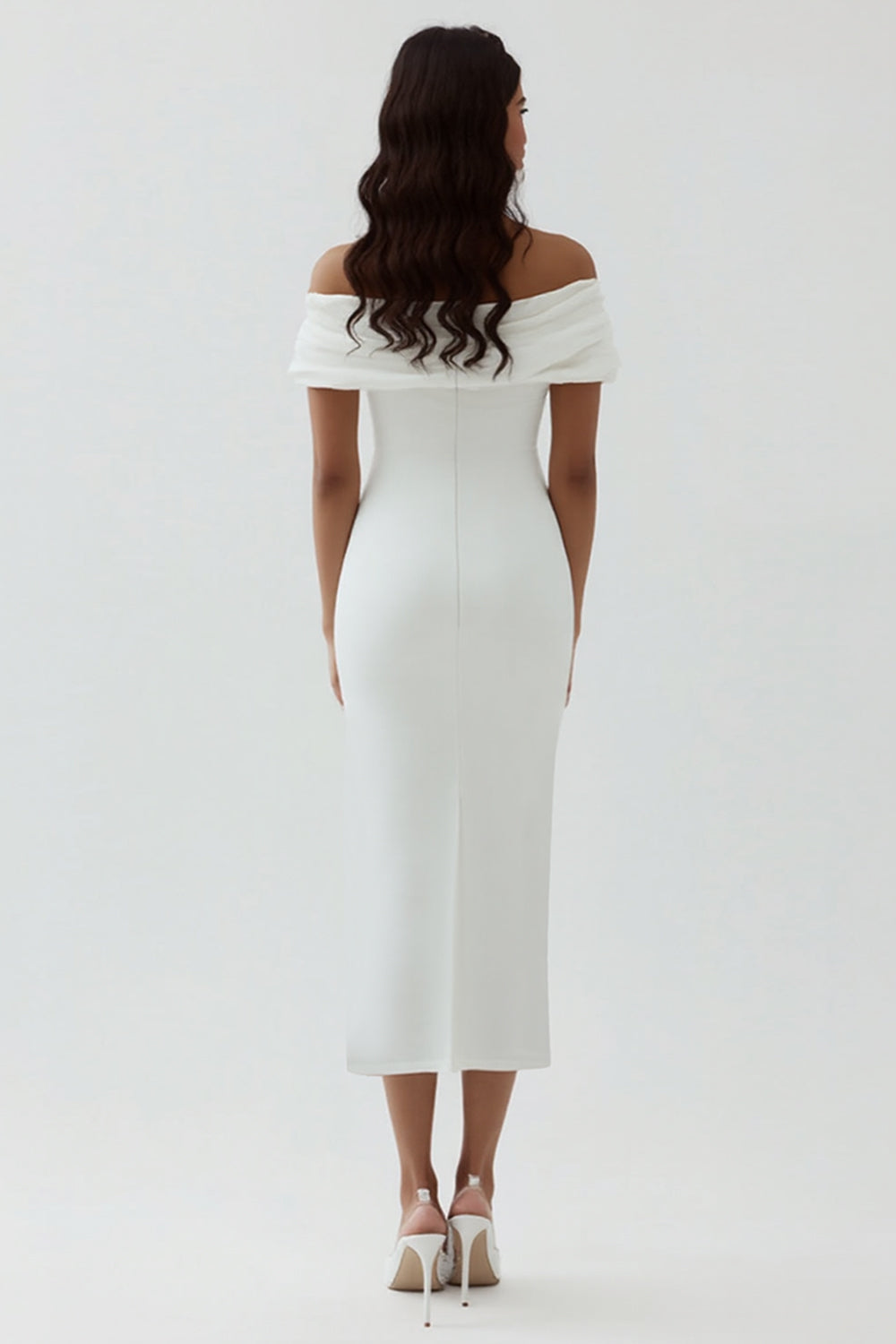 White Sheath Off the Shoulder Matte Satin Asymmetrical Graduation Dress