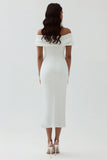 White Sheath Off the Shoulder Matte Satin Asymmetrical Graduation Dress