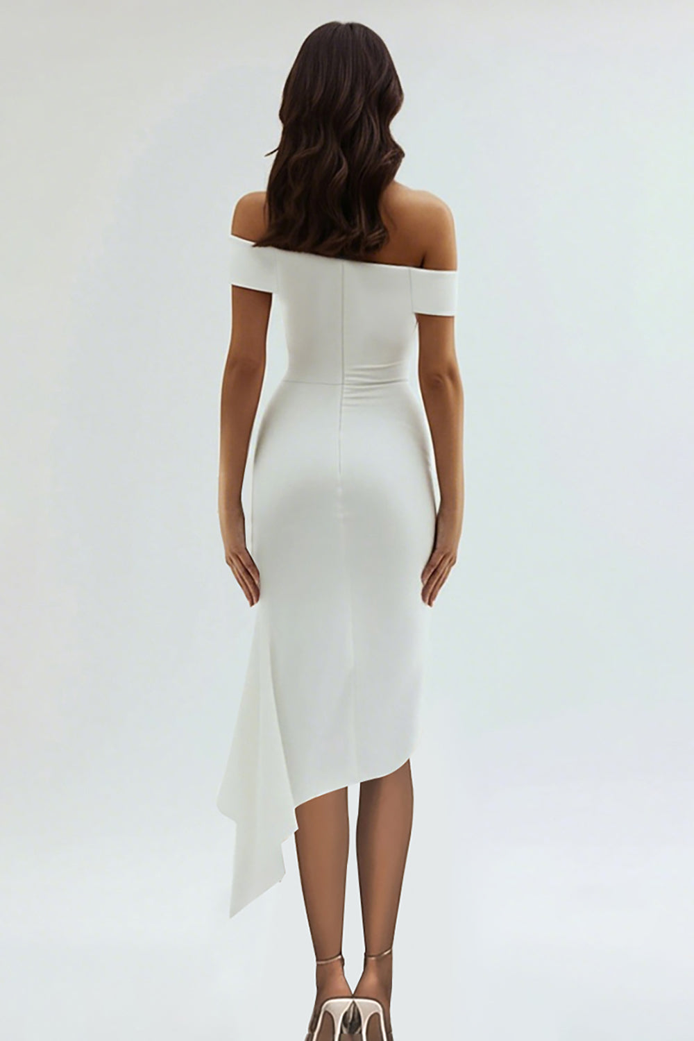 Off the Shoulder Sheath Satin Tea Length White Graduation Dress