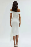 Off the Shoulder Sheath Satin Tea Length White Graduation Dress