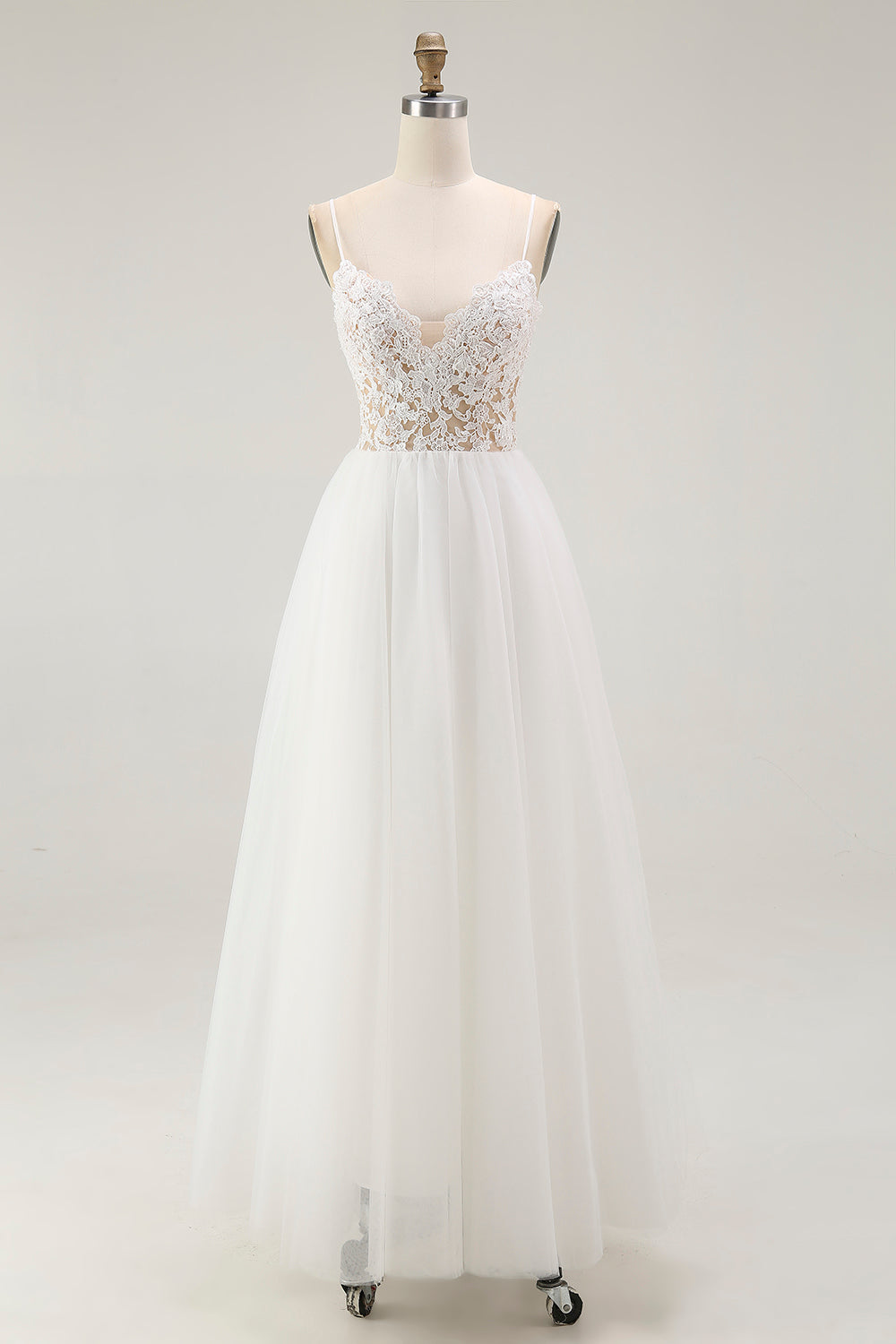 White A Line Spaghetti Straps Lace Engagement Dress