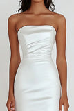 White Strapless Sheath Satin Ruffled Wedding Dress