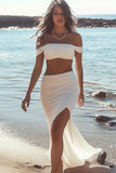 White Sheath Off The Shoulder Chiffon Engagement Dress With Slit