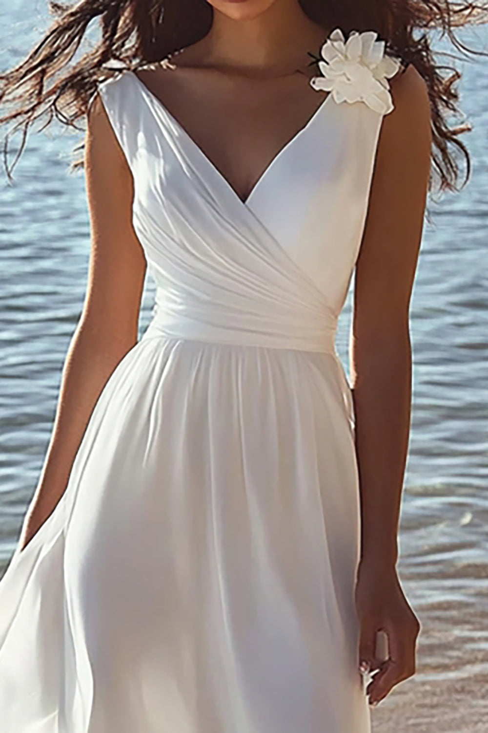 A Line V-Neck Sleeveless White Engagement Dress