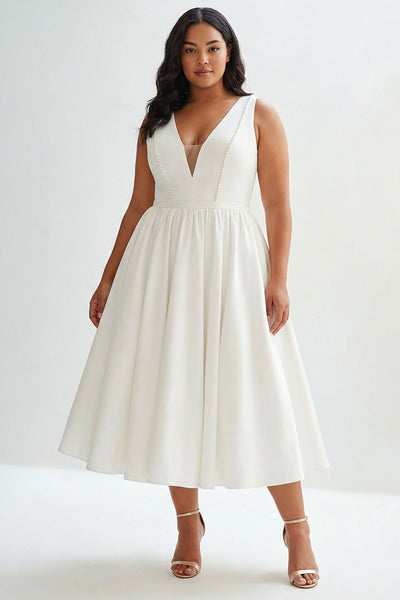 Berylove Women Elegant A Line Graduation Dress Satin White V Neck Plus Size Midi Party Dress