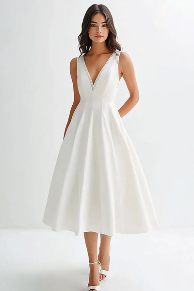 Berylove Women White Graduation Dress Satin A Line V Neck Midi Dress, White / US16W Berylove Women White Graduation Dress Satin A Line V Neck Midi Dress, White / US16W