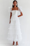 A Line White Tiered Ruffled Long Engagement Dress with Short Sleeves