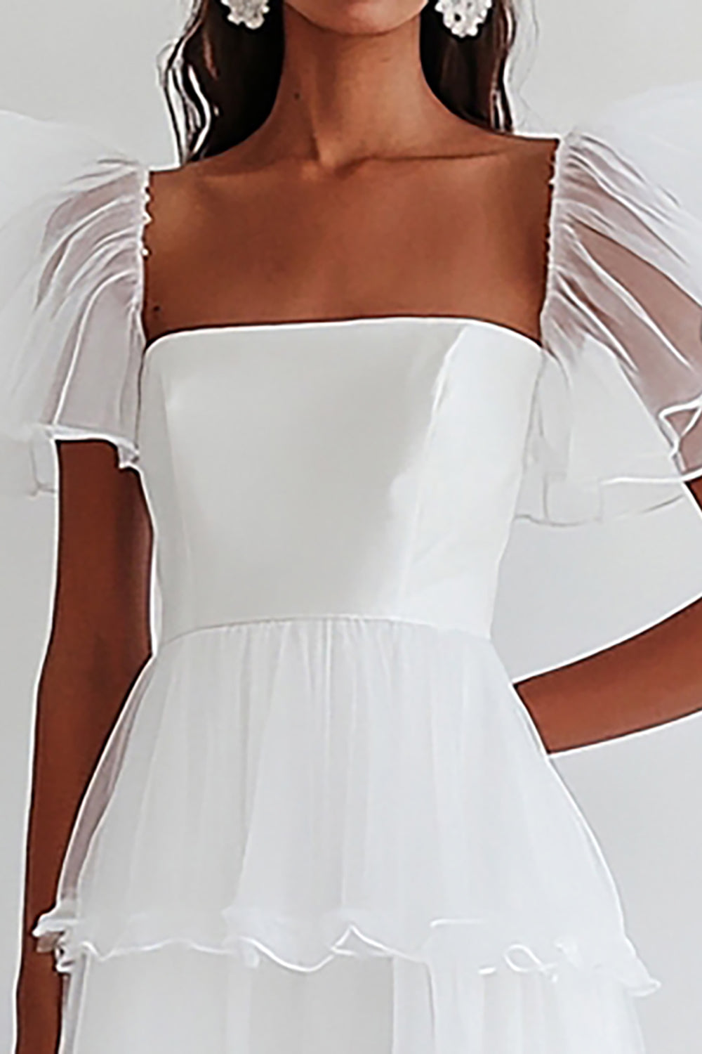 A Line White Tiered Ruffled Long Engagement Dress with Short Sleeves