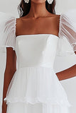 A Line White Tiered Ruffled Long Engagement Dress with Short Sleeves