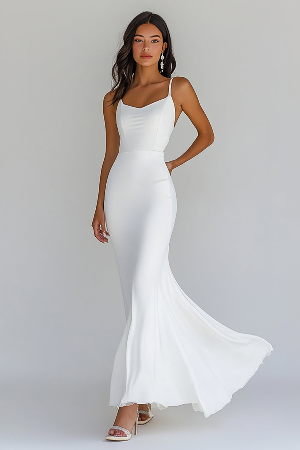 Spaghetti Straps Chiffon White Mermaid Long Engagement Dress