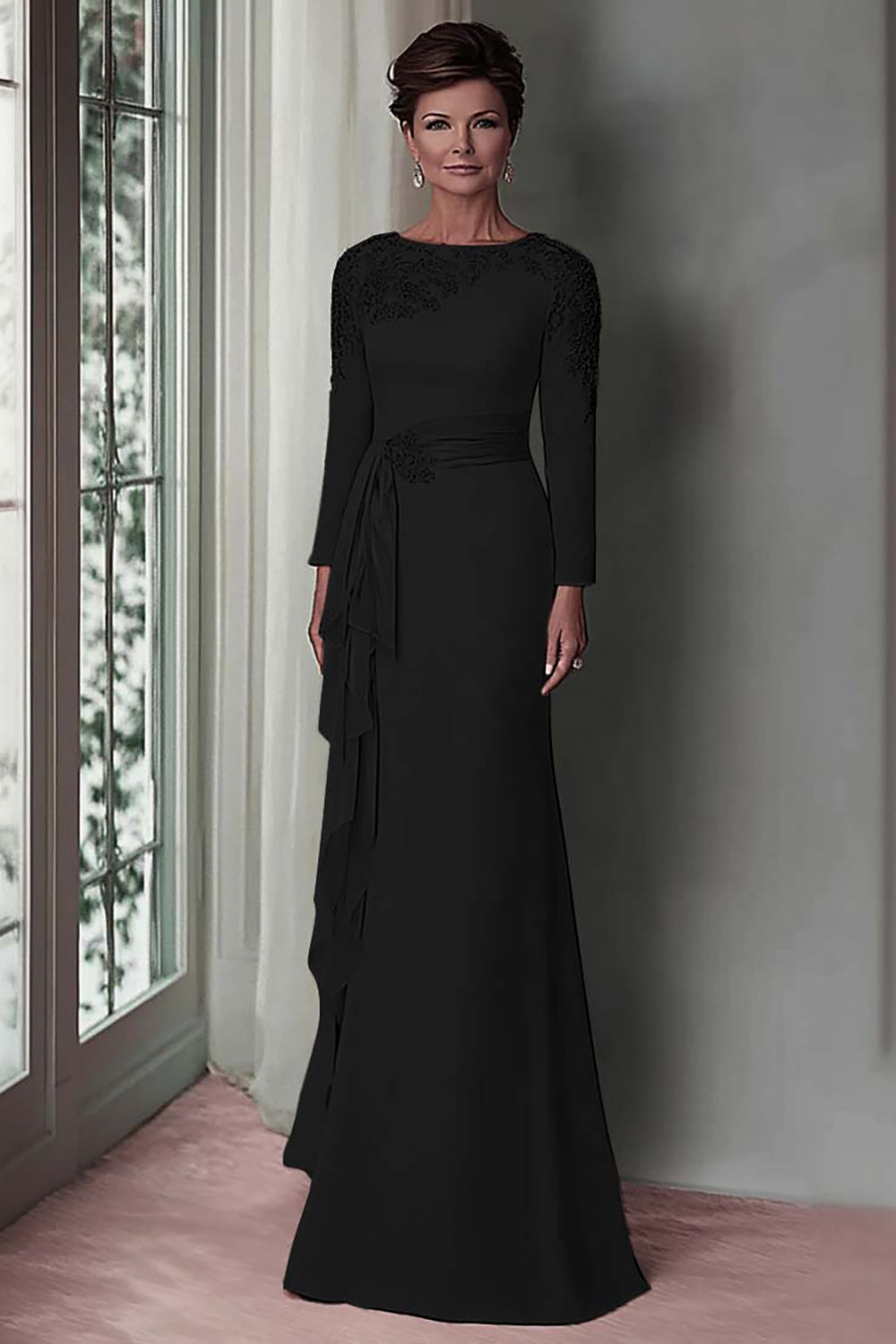 Blush Appliqued Long Sleeve Sheath Mother Of The Bride Dress with Sash