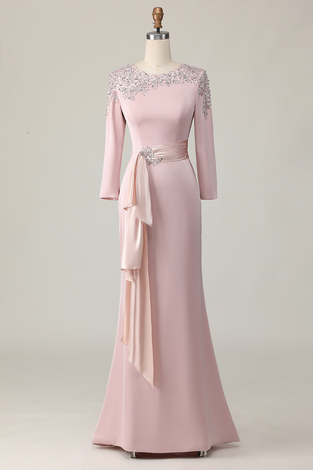 Blush Appliqued Long Sleeve Sheath Mother Of The Bride Dress with Sash