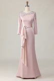 Blush Appliqued Long Sleeve Sheath Mother Of The Bride Dress with Sash