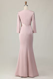Blush Appliqued Long Sleeve Sheath Mother Of The Bride Dress with Sash