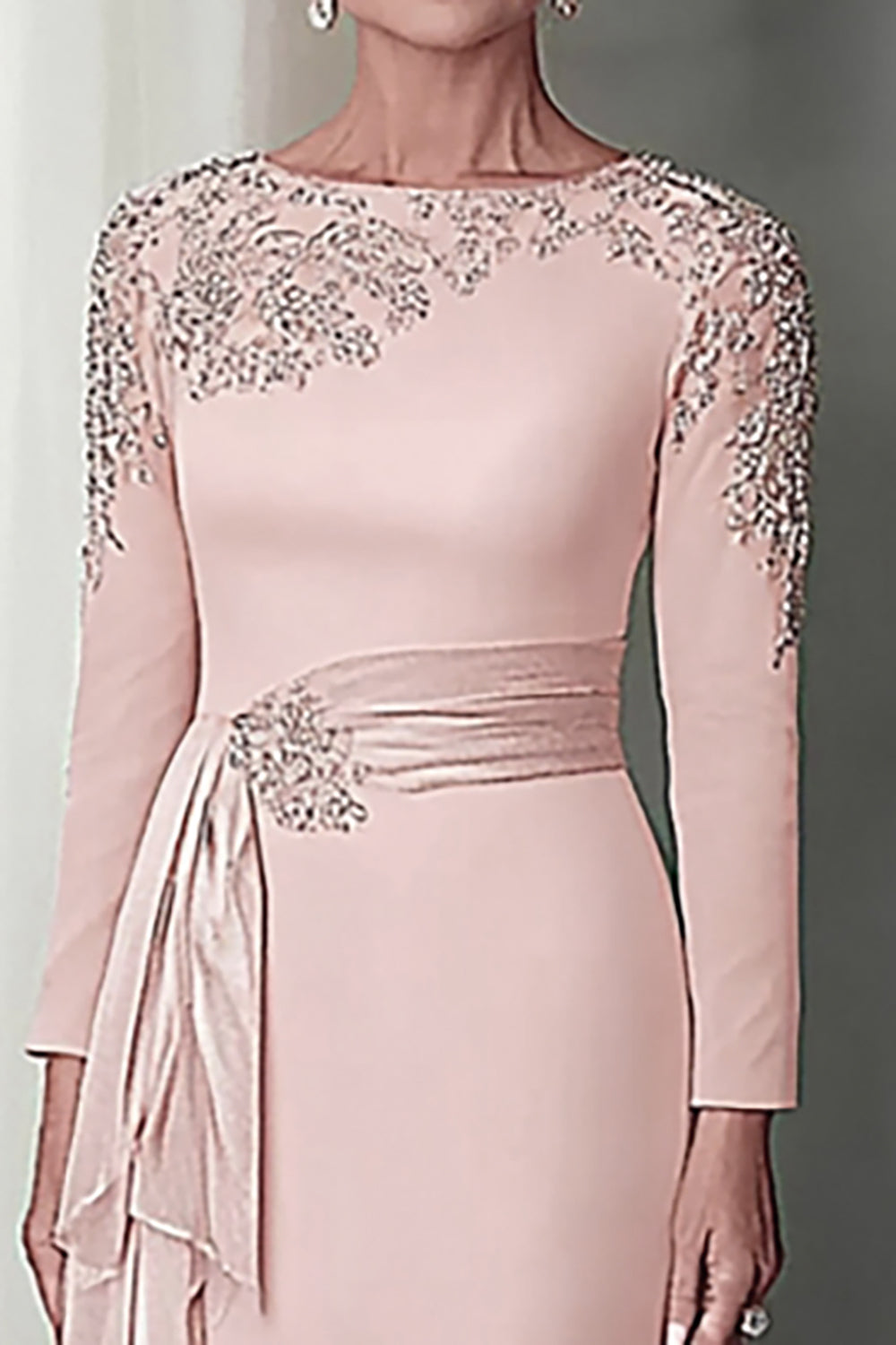 Blush Appliqued Long Sleeve Sheath Mother Of The Bride Dress with Sash
