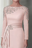 Blush Appliqued Long Sleeve Sheath Mother Of The Bride Dress with Sash
