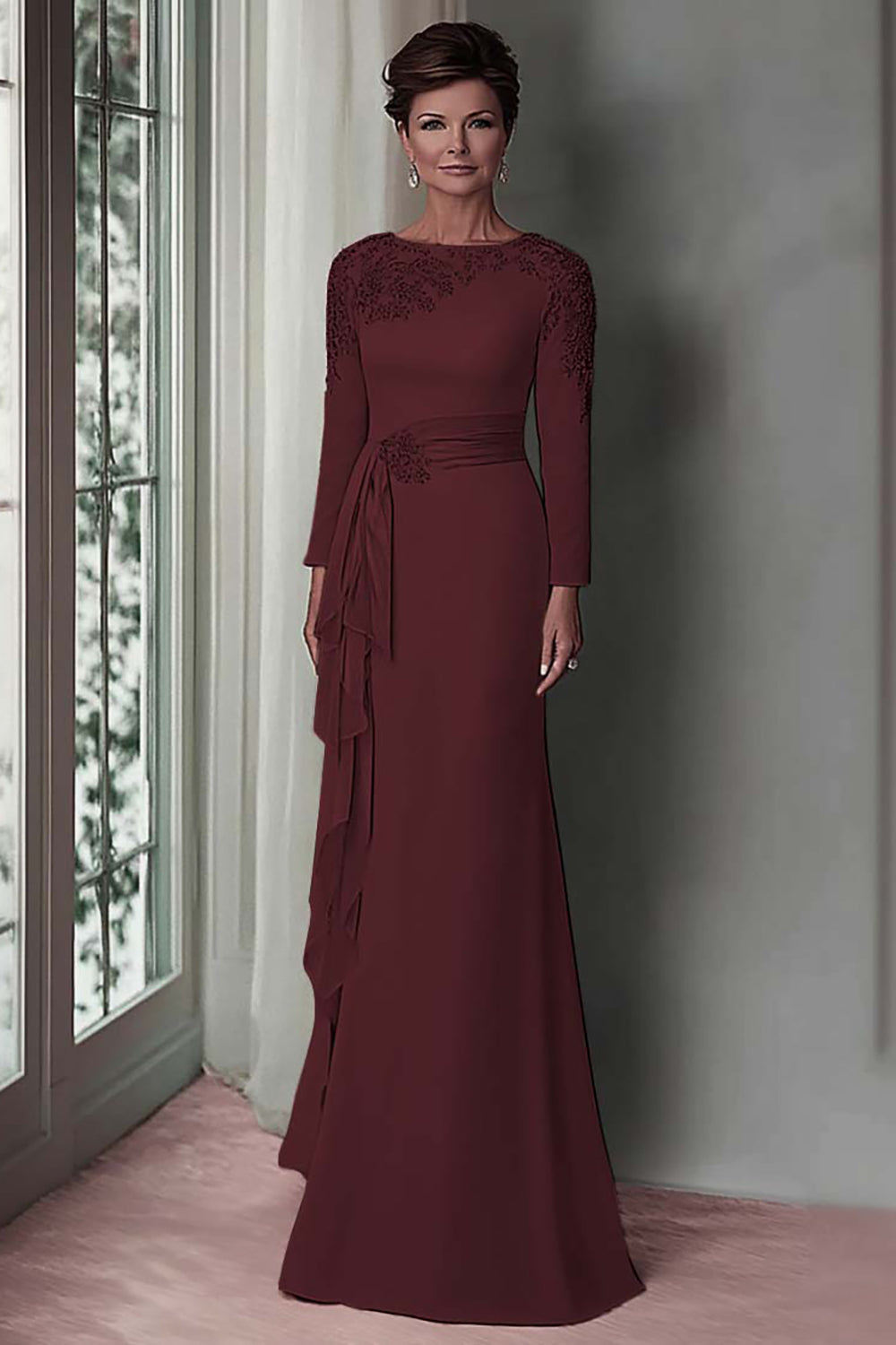 Blush Appliqued Long Sleeve Sheath Mother Of The Bride Dress with Sash