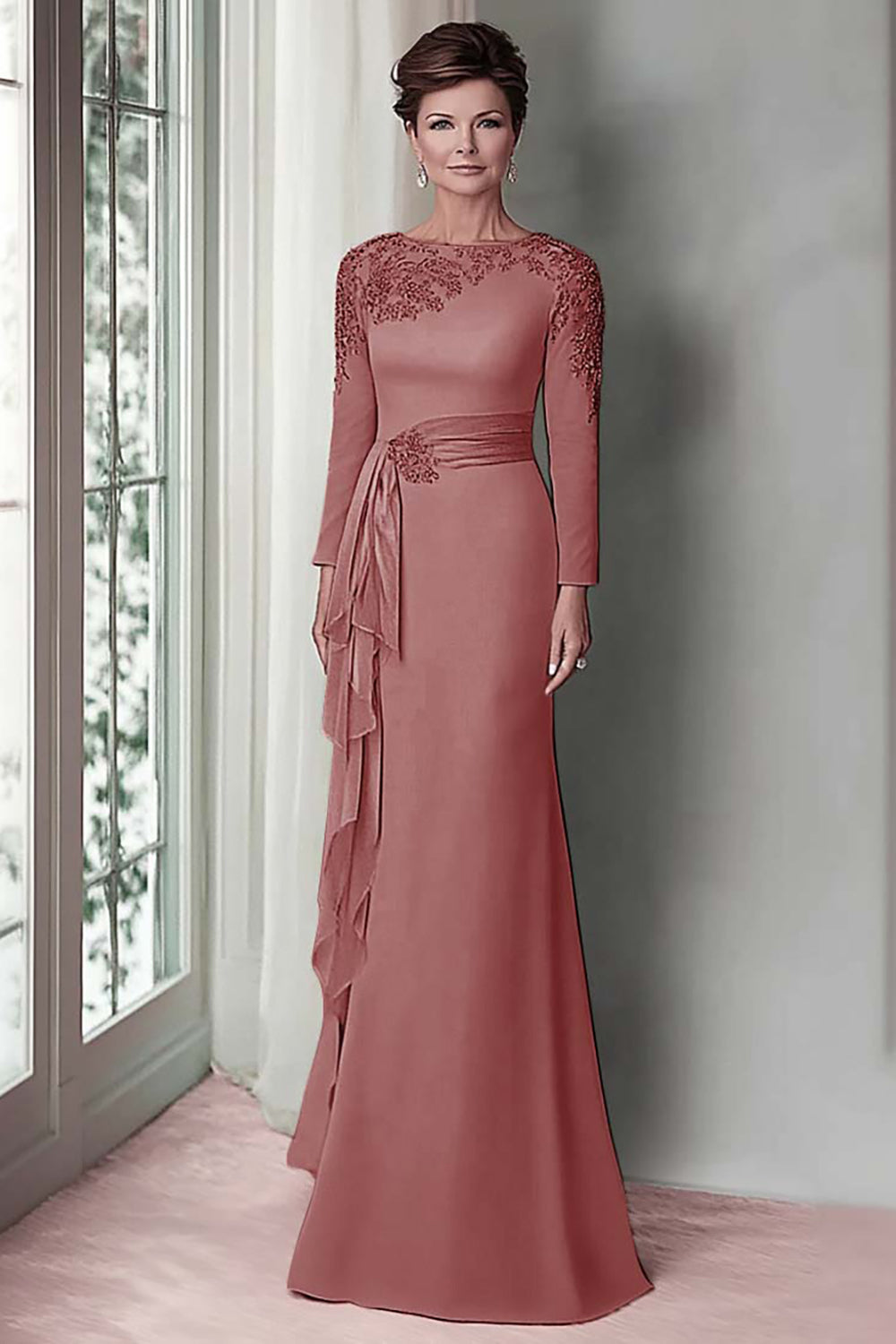 Blush Appliqued Long Sleeve Sheath Mother Of The Bride Dress with Sash