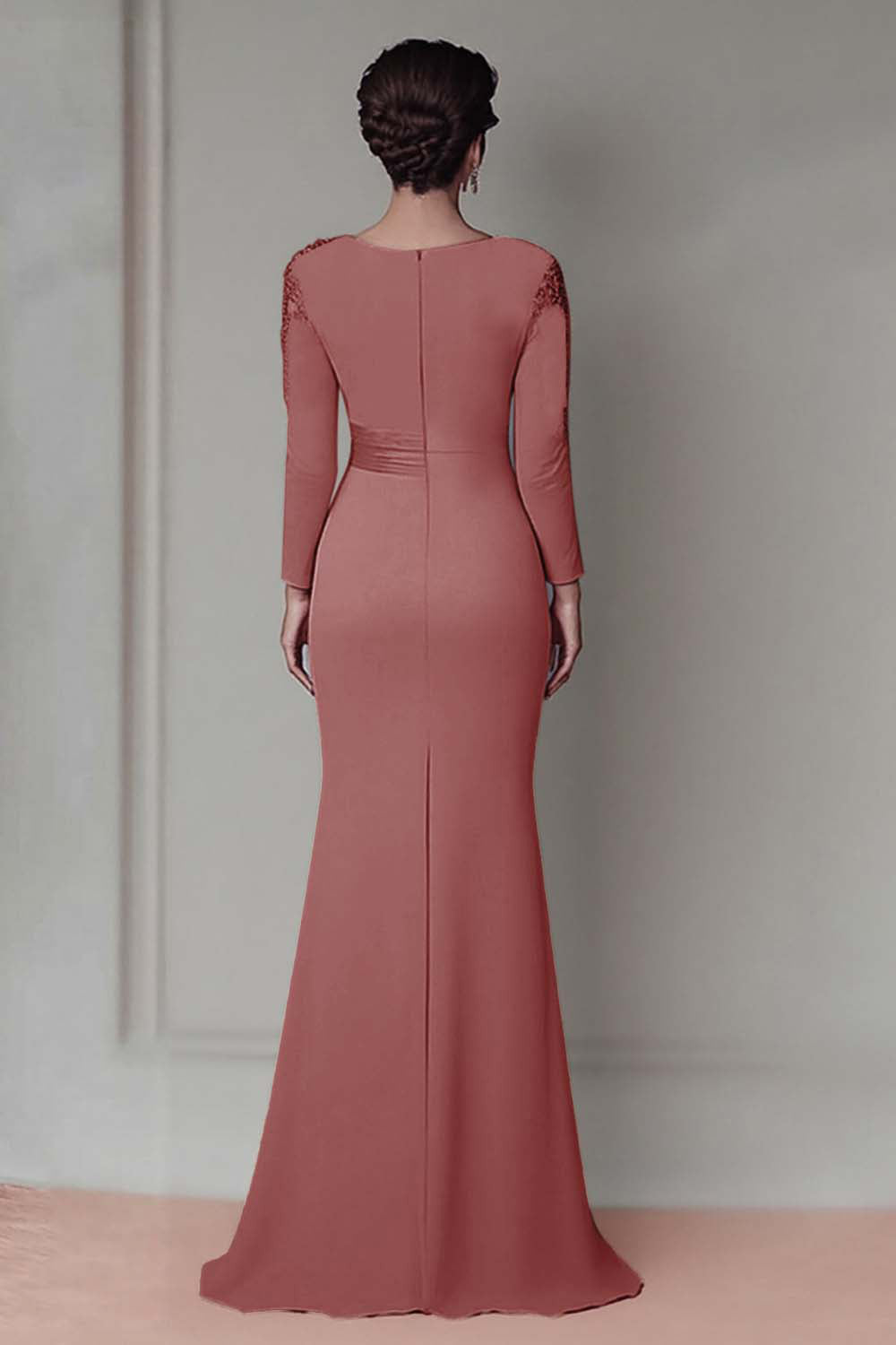 Blush Appliqued Long Sleeve Sheath Mother Of The Bride Dress with Sash