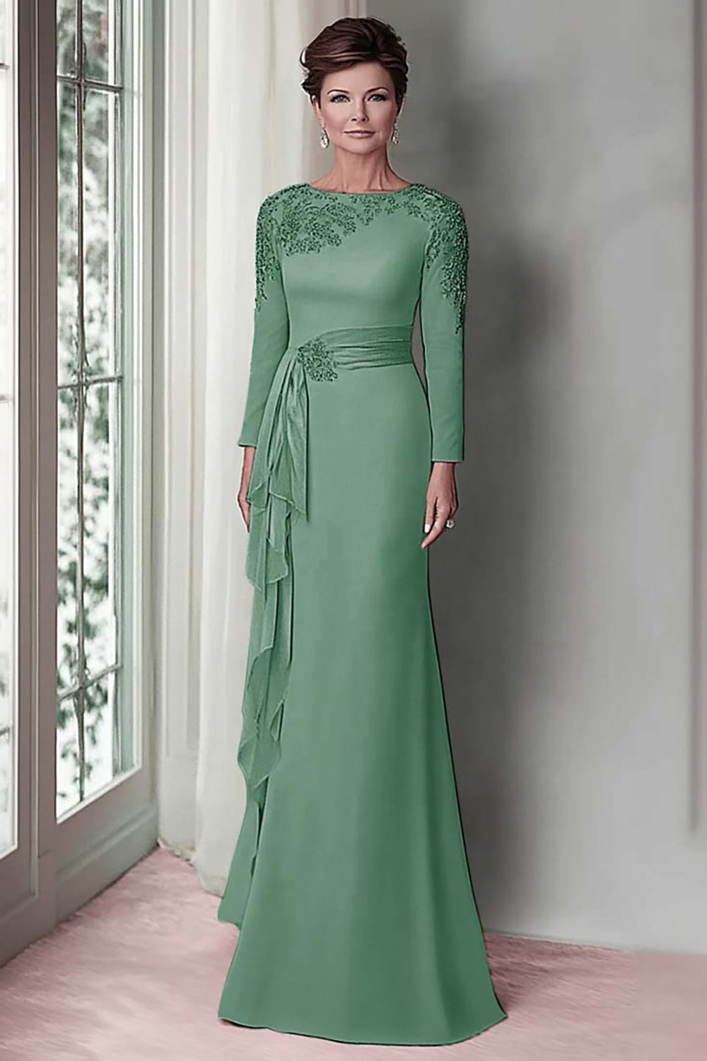 Blush Appliqued Long Sleeve Sheath Mother Of The Bride Dress with Sash