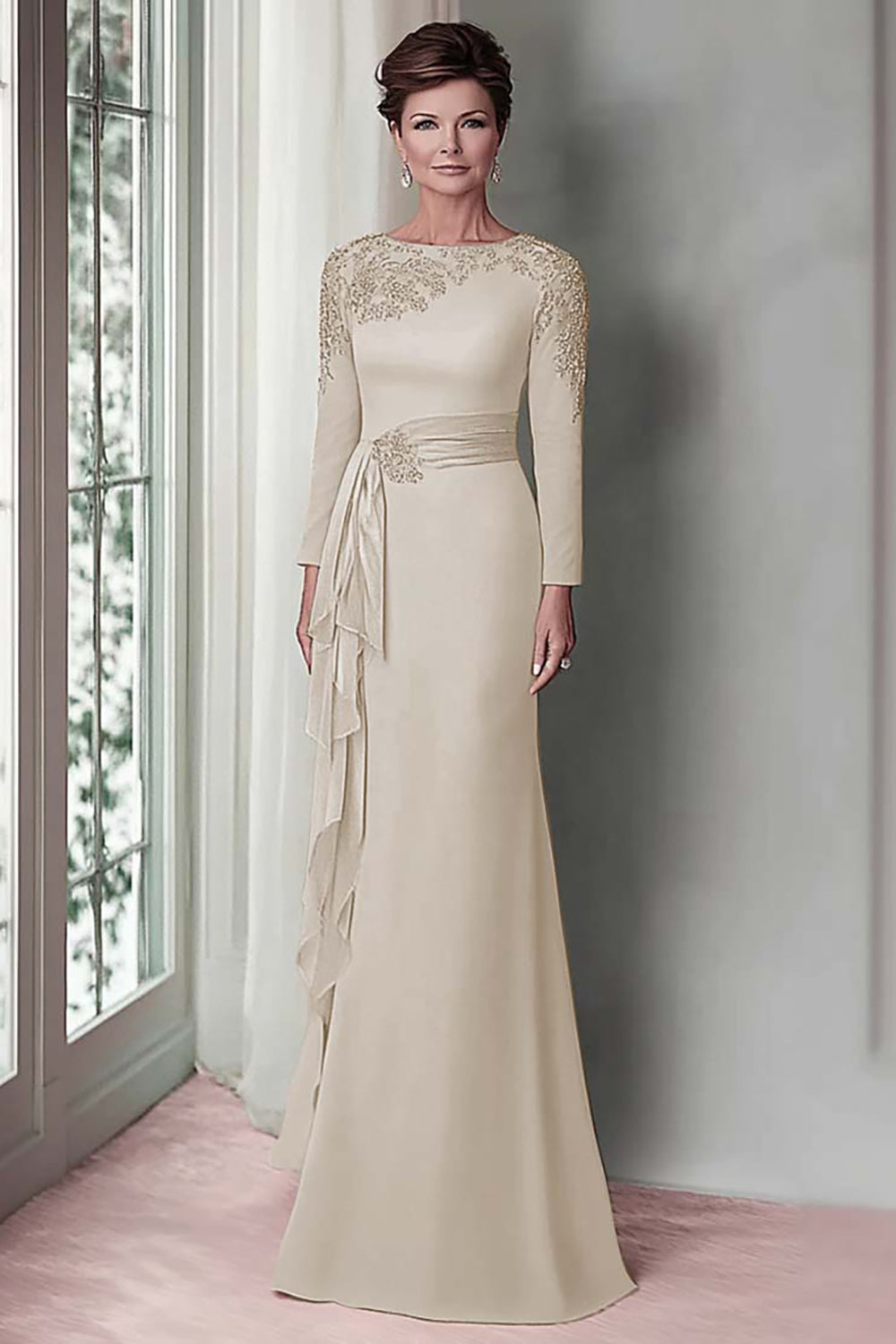 Blush Appliqued Long Sleeve Sheath Mother Of The Bride Dress with Sash
