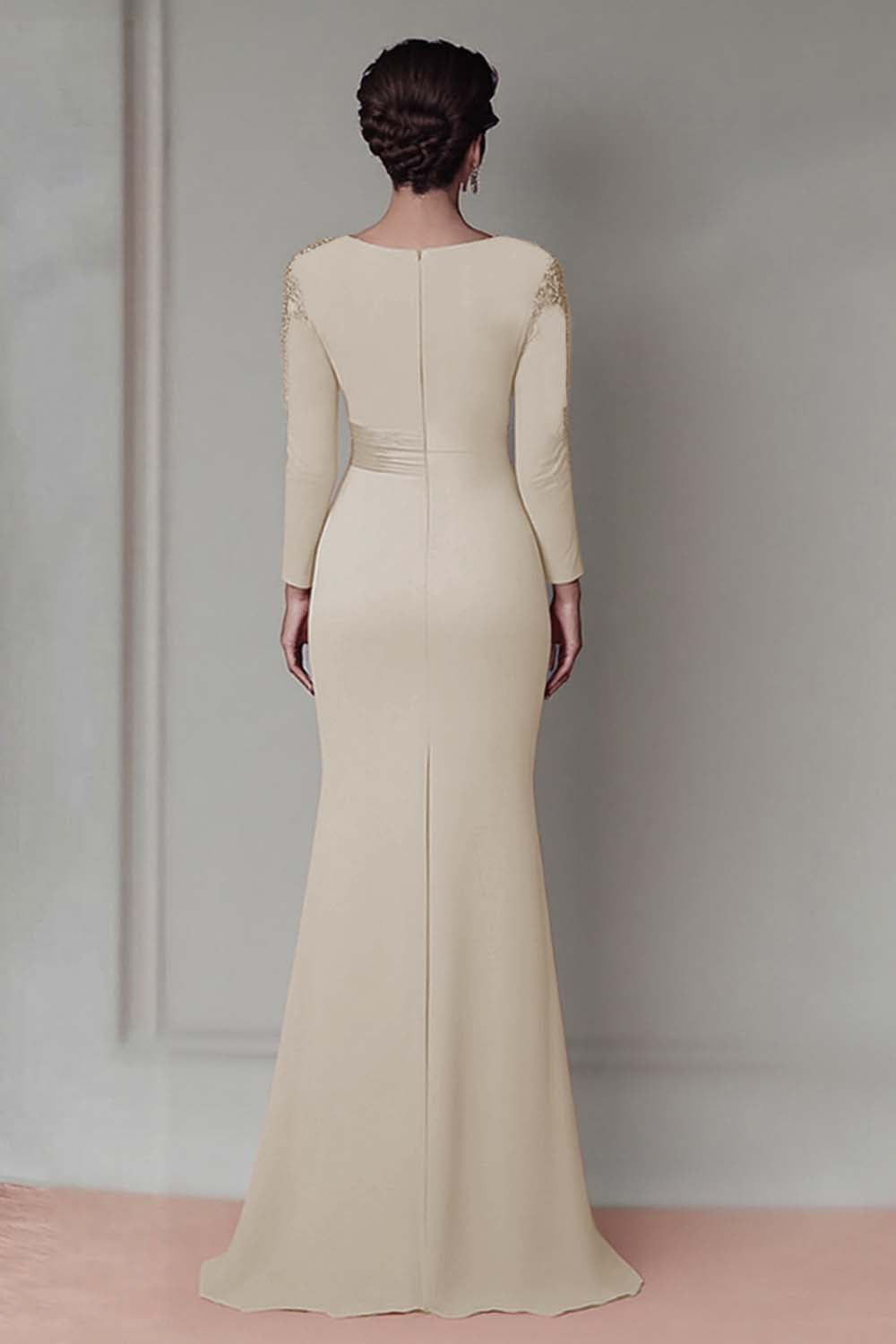 Blush Appliqued Long Sleeve Sheath Mother Of The Bride Dress with Sash