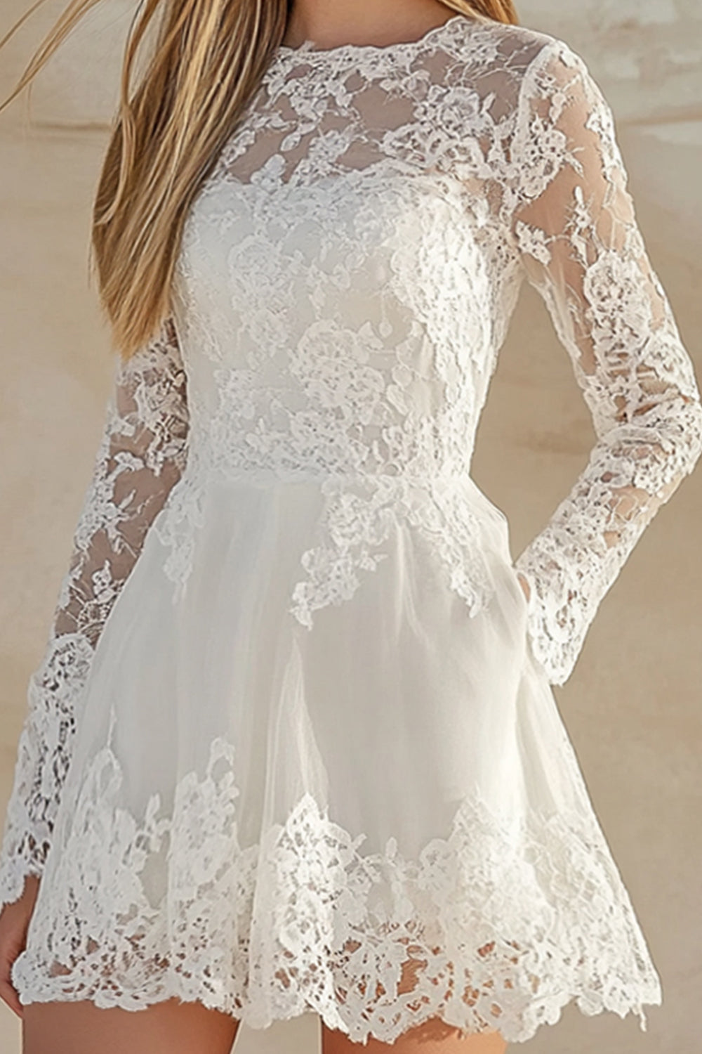 White Jewel Neck A Line Lace Long Sleeve Mini Dress