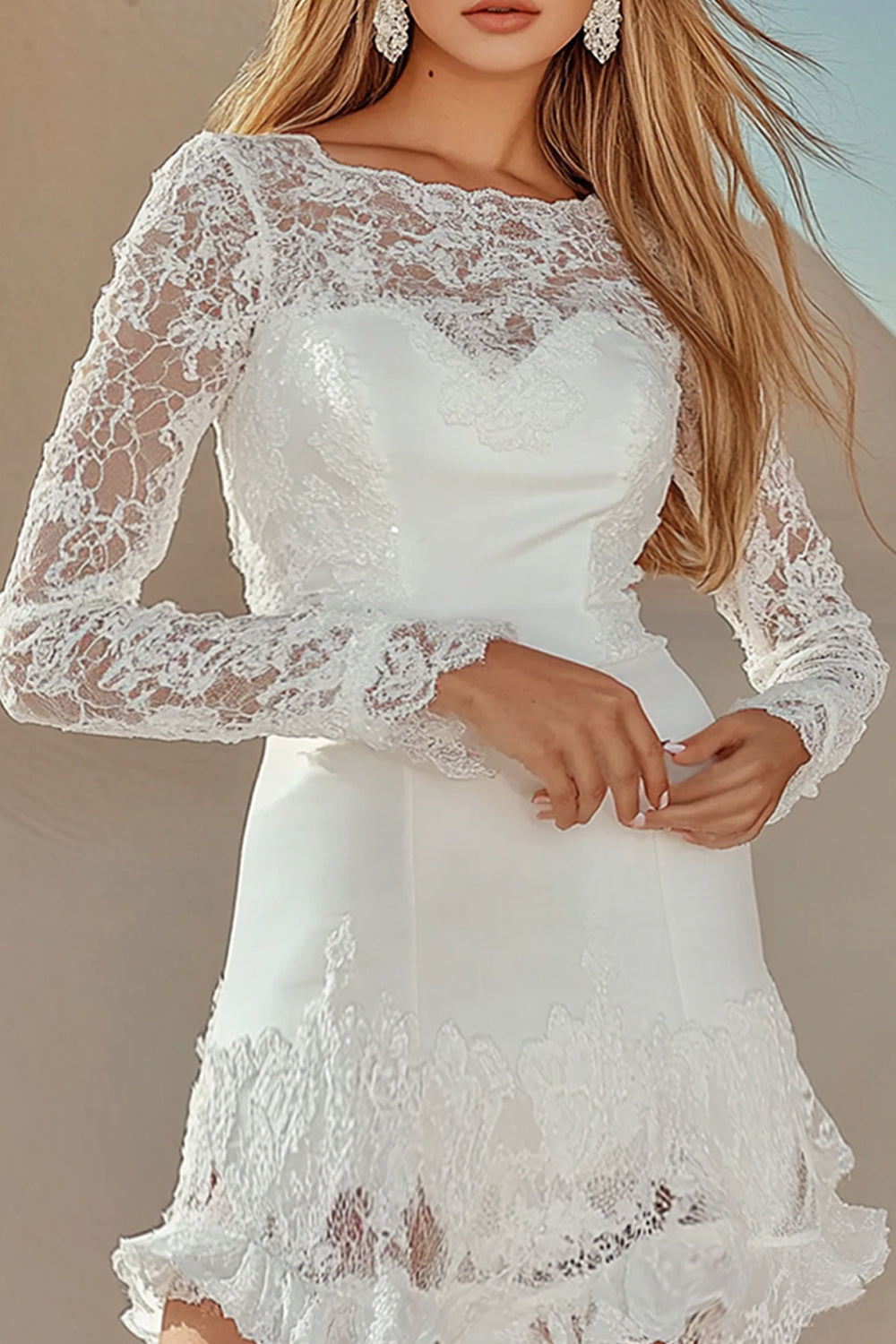 Delicate White Lace A Line Boat Neck Long Sleeve Mini Dress