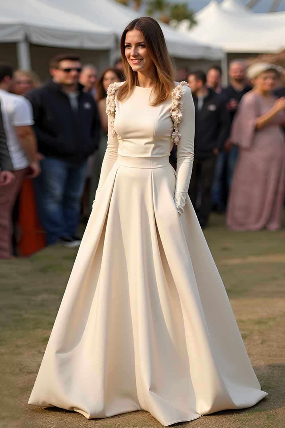 Apricot Crew Neck A Line Backless Long Sleeve Gala Dress with Appliques