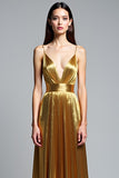Golden A Line Deep V-Neck Backless Ruched Prom Dress
