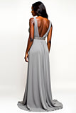 Grey V-Neck Beaded Long Wedding Guest Dress