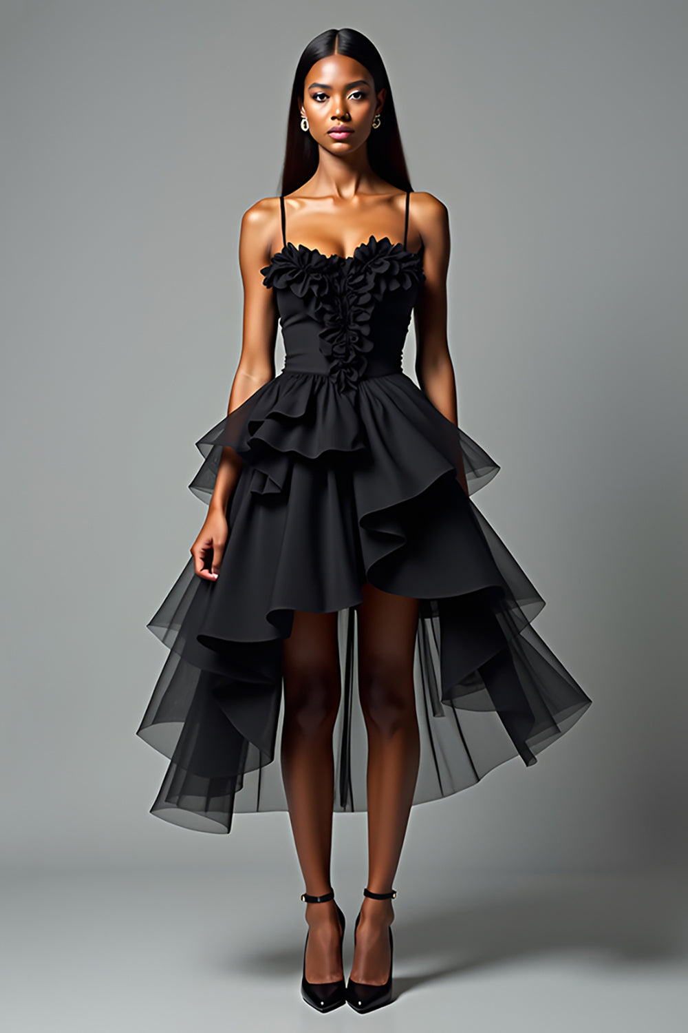 Sweetheart Ruffled A Line High-Low Black Tie Dress