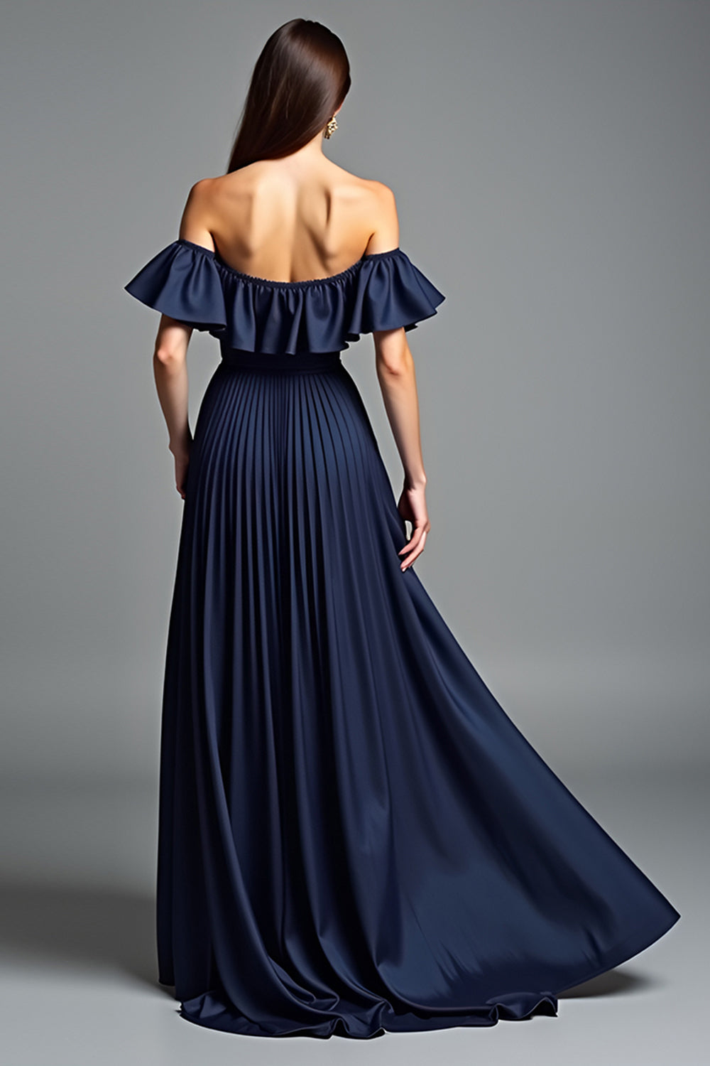 Navy Off The Shoulder A Line Long Formal Dress