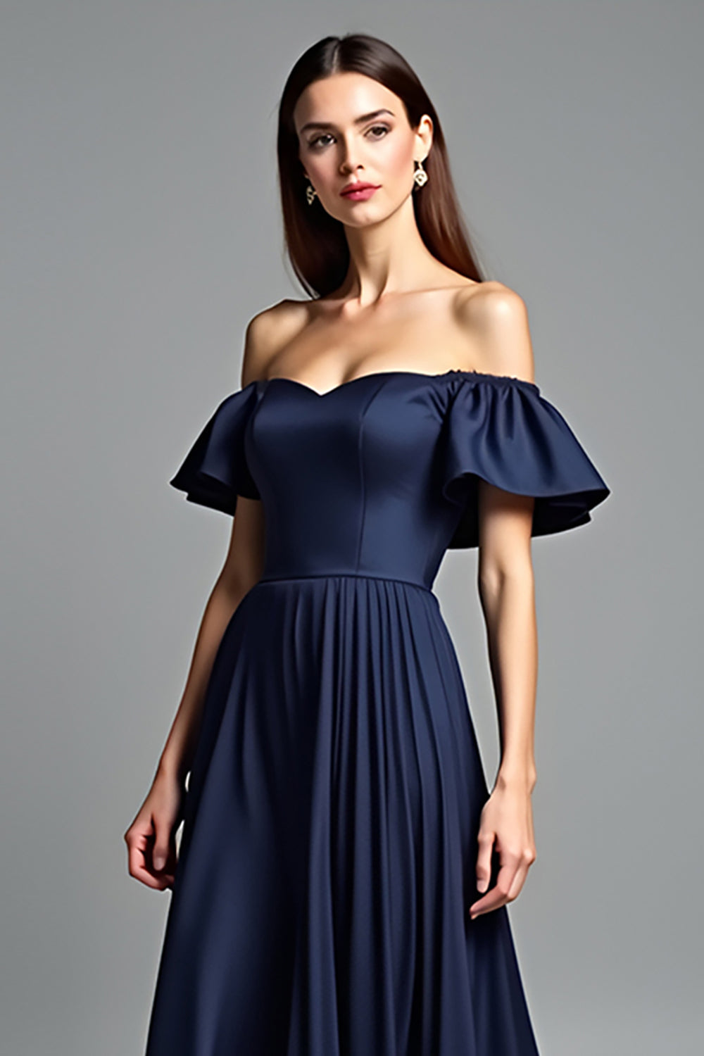 Navy Off The Shoulder A Line Long Formal Dress