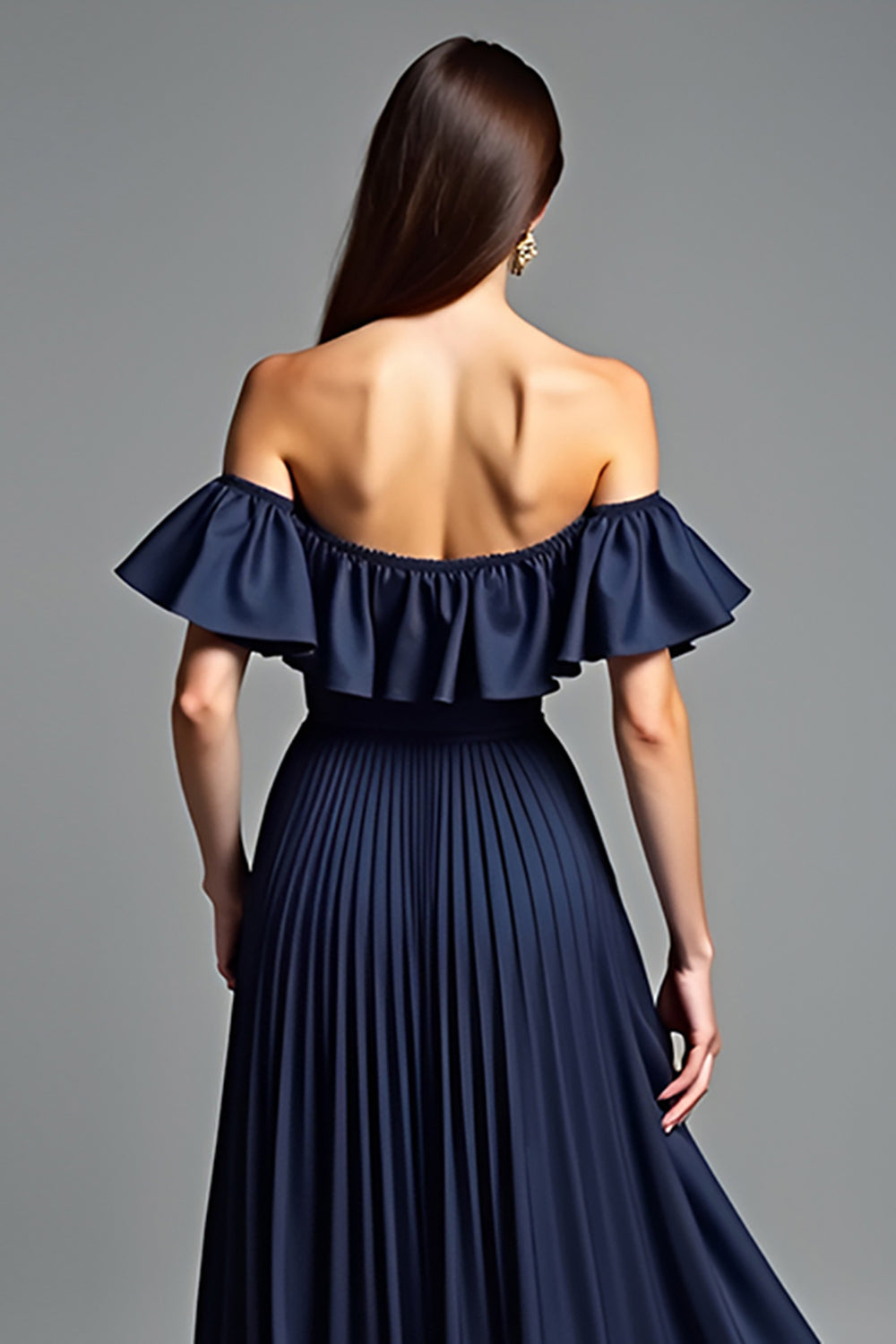 Navy Off The Shoulder A Line Long Formal Dress