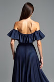 Navy Off The Shoulder A Line Long Formal Dress