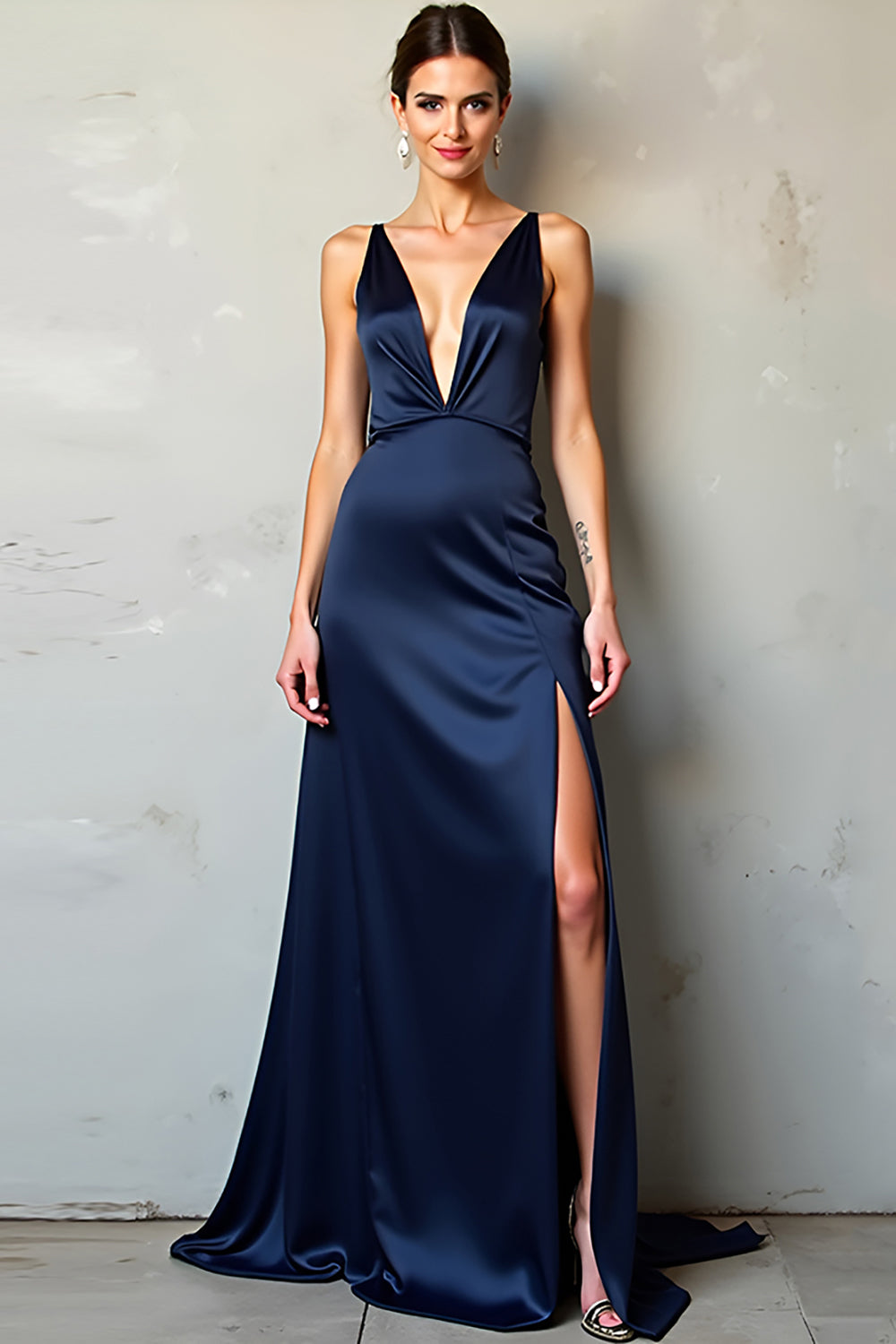 V-Neck Cross Back A Line Long Navy Formal Dress With Slit
