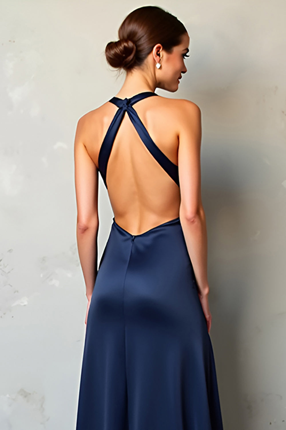 V-Neck Cross Back A Line Long Navy Formal Dress With Slit